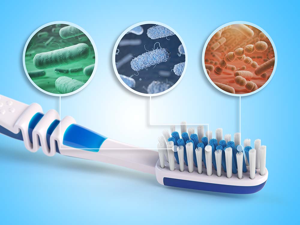 Зубная щетка и бактерии в 3D-иллюстрации